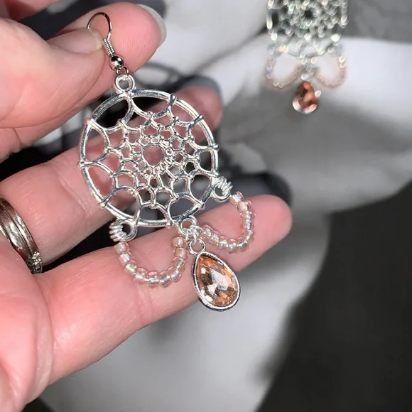 Pink Tear Drop Dangling From Dream Catcher Tibetan Boho Chandelier Style Earring - Picture 6 of 16